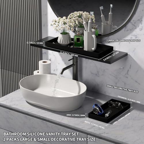 BBK Bathroom Vanity Tray- 2 Pack (7.8" and 11.8") Silicone Bathroom Tray for Counter, for Perfume Key Trinket Ring Soap Organization - Black - color: Black (Small & Large)