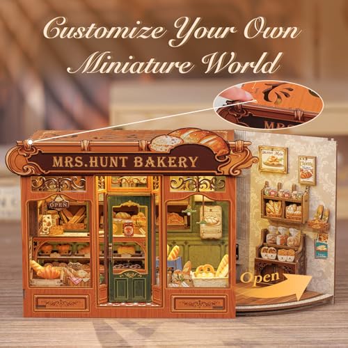 Fsolis Book Nook Kit - DIY Miniature House Kit for Adults Booknook 3D Wooden Puzzles Bread Shop Diorama Model Gifts for Women Book Lovers (MRS.Hunt Bakery) - style: MRS.Hunt Bakery