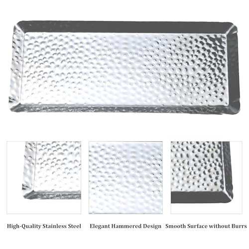 10x4inch Hammered Rectangular Tray, Stainless Steel Decorative Serving Tray, Silver Platter for Kitchen, Bathroom, Bar, Vanity Storage - color: Silver
