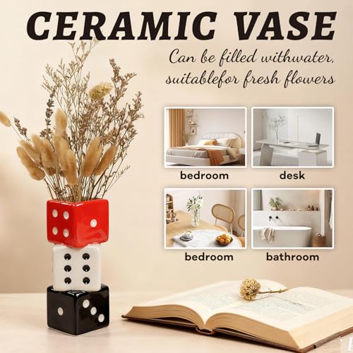 Tnstbiee Triple Dice Vase - Unique Ceramic Small Vase with Wide Mouth | Modern Decorative Flower Vase for Living Room | Perfect for Fresh,Pampas Grass,Roses & Utensils | Ideal Gift for Art Enthusiasts - color: Red, White and Black Dice Vase