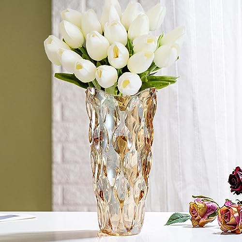 CEMABT Amber Glass Vase for Centerpieces, 9.4-inch Height, 5.1-inch Opening Width, 3.4 lbs Weight, Unbreakable, Suitable for All Kinds of Flowers, Modern and Elegant - color: Amber