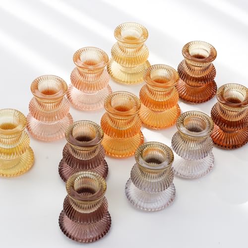 WDHODEC Orange Candlestick Candle Holders 12PCS Glass Taper Candle Holders for Table Centerpiece Colorful Gradient Candle Sticks for Wedding, Party and Festival Decoration - color: Gradient & Orange