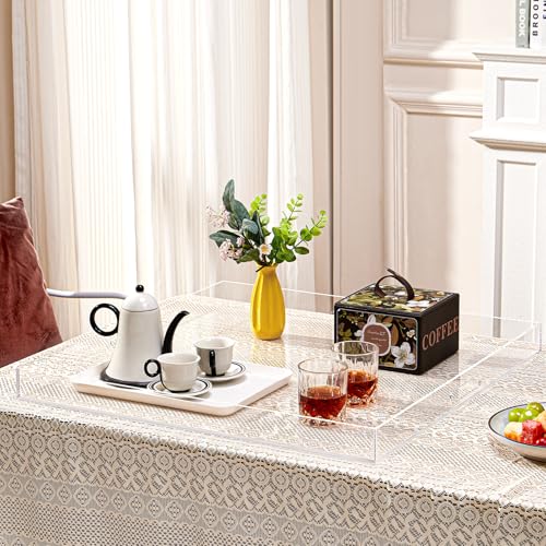 20×20 inches Oversized Clear Acrylic Ottoman Tray Extra Large Decorative Tray Spill-Proof Serving Trays with Handles King-Size Safe Edge Organizer for Coffee Table Countertop Breakfast - color: Clear, size: 20" x 20" x 2"