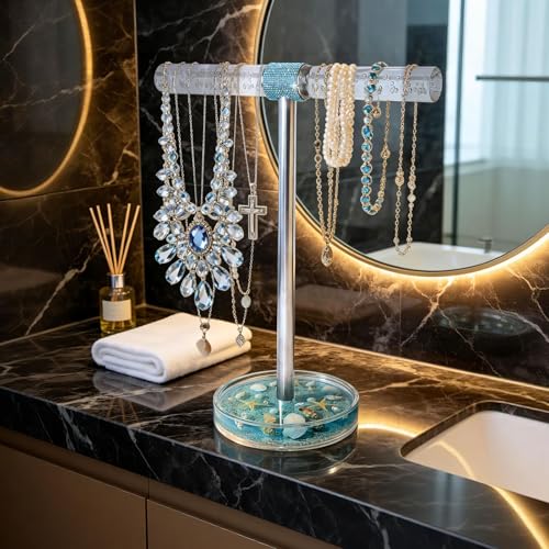 FONMY Jewelry Organizer Countertop Acrylic w/Nature Seashell Handmade,Seascape Standing Jewelry Holder W/Blue crystal for Bedroom Bathroom w/Weighted Base,Unique Gifts