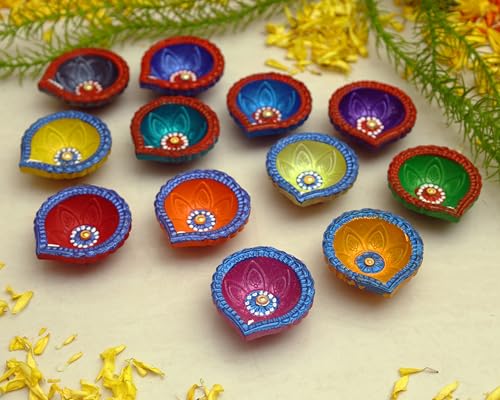 Handmade Terracotta Set of 12 Clay Diya for Diwali/Navratri Decorations Oil Lamp Tea Light Holder Indian Festival Diyas for Pooja & Diwali Decorations | TRBD12M-015 (Multicolor)