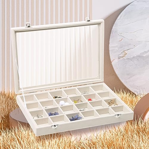 Stratalife Jewelry Organizer Jewelry Tray with See-through Lid 24 Grids Earring Display Showcase Large Velvet Storage Box for Earring Necklace Rings Dice Beige - color: Beige, size: 24 Grid
