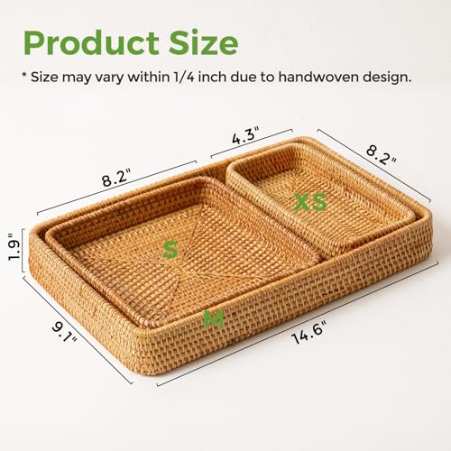 Rattan Serving Tray, Rectangle Basket Set of 3, Wicker Storage and Organizing Baskets, Natural Decorative Woven Tray for Home Decor, Bathroom, Kitchen Counter - style: Set of 3