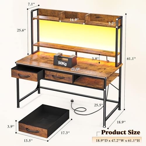 47.2"Office Desk with 2Drawers&Hutch,Computer Desk with Storage Rack&Monitor Stand,Gaming desk with LED&Power Outlet,Modern Study Writing Desk for Bedroom Home Office,Small Space,Rustic Brown - color: Brown, size: 18.9"D x 47.2"W x 61.1"H