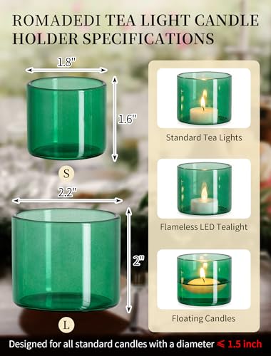 Romadedi Glass Tealight Candle Holder - Green Votive Holders Bulk 24 Sage Tea Light Table Centerpieces for Party Wedding Birthday Baby Shower Christmas Decor - color: Green, size: S-12pcs+L12pcs