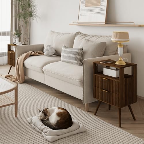 JOONEE Nightstand with Charging Station and LED Lights,Modern Bedside Table with 2 Storage Drawer and Open Wood Shelf, for Bedroom and Small Spaces,Night Stand with Solid Wood Legs,Walnut Brown - color: Walnut Brown