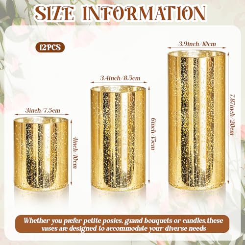 12 Pcs Gold Cylinder Vases for Centerpieces Mercury Vase Hurricane Vase Bulk Acrylic Round Wide Container for Flowers Home Office Wedding Table Decorations (4''/6''/8'') - color: Gold, size: 4''/6''/8''