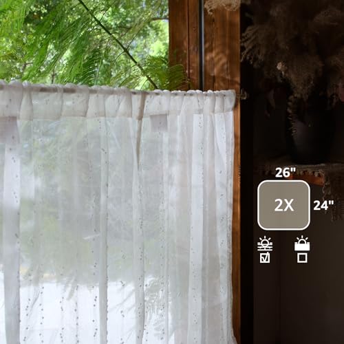 jinchan Semi Sheer Kitchen Curtains for Window 24 Inch Mini Pom-Pom Voile Tier Curtains Light Filtering Small Drapes for Bedroom Living Room Rod Pocket 2 Panels Linen Whisper - color: Dottie Linen Whisper, size: 26"W x 24"L (Pack of 2)