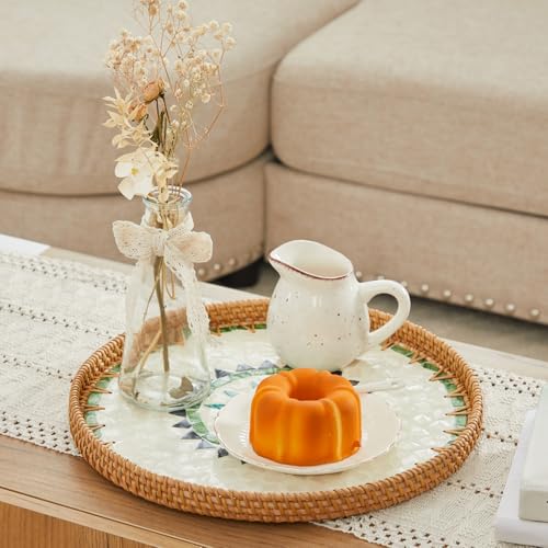 Shellac Rattan Tray with Mother of Pearl Inlay, Round Decorative Serving Tray for Home Décor Coffee Table Storage and Display, 100% Natural Materials- Ottoman Tray - Mix Color 12" - color: Mix, size: 12"