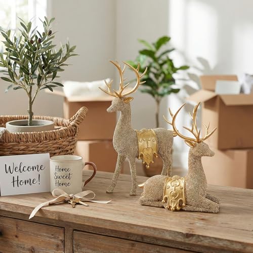 Set of 2 Modern Deer Statues for Home Decor, Handcrafted Resin Elk Sculptures with Intricate Beaded Texture, Elegant Animal Figurines for Living Room, Bookshelf, Office & Housewarming Gift - color: Gold