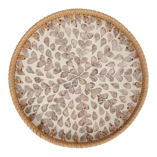 StorageWorks Decorative Coffee Table Trays for Home Decor, Round Rattan Tray with Mother of Pearl Inlay, Small Wicker Woven Serving Tray Decor for Kitchen Counter, Living Room and Ottoman, Yellow - color: Yellow Petal, size: 11.8"