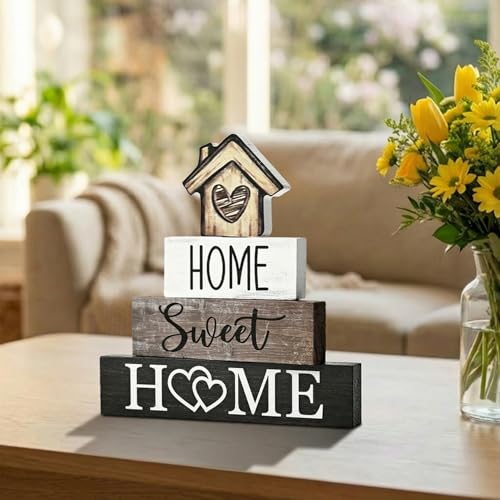 Smile 4 Pcs Farmhouse Wooden Tabletop Decor Home Tiered Tray Decoration, Rustic Retro Neutral Wood House-Shaped Block Sign, Centerpiece Suitable for Home Shelves Fireplace Mantels - style: Sweet House