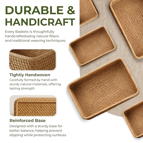 Rattan Storage Basket Set of 3 - Handwoven Rectangular Wicker Baskets for Kitchen, Pantry & Home Organization (Large, Medium, Small) - style: Natural