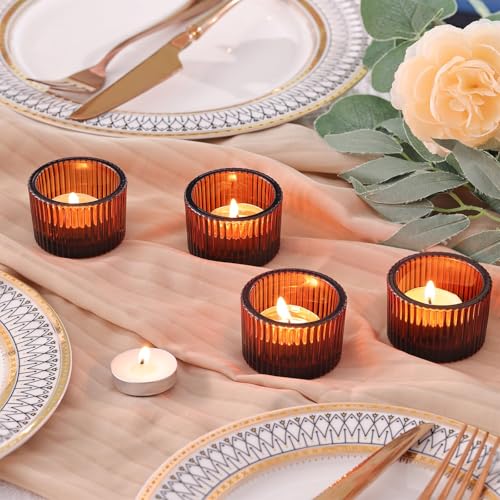 HAVITI 24 Pack Amber Tealight Candle Holders, Glass Votive Candle Holders Fall Decorations for Home Table Fall Wedding Centerpieces, Party Supplies and Vintage Decor - color: Amber, size: 1.3" x 2"