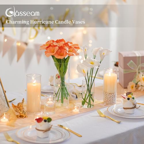 Glasseam Cylinder Glass Vases for Centerpieces: 12 Pack Clear Flower Vase Bulk 4" 6" 8" 10" Hurricane Floating Pillar Candle Holder - Modern Centerpiece for Wedding Dining Home Table Decor
