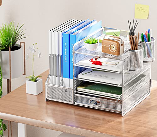 Marbrasse Desk Organizer with File Holder, 5-Tier Paper Letter Tray Organizer with Drawer and 2 Pen Holder, Mesh Desktop Organizer and Storage with Magazine Holder for Office Supplies (Silver) - color: Silver