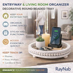 RayNab Farmhouse Round Wooden Beaded Tray – 12" Whitewashed Rustic Decorative Wood Tray for Coffee Table, Kitchen Centerpiece, Ottoman or Serving Snacks