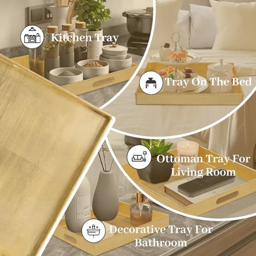MAONAME Gold Decorative Tray with Handles, Foil Serving Tray for Ottoman, Square Coffee Table Trays for Living Room, Bathroom, 13" L x 13" W x 1.6" H - size: 13" x 13" x 1.6"