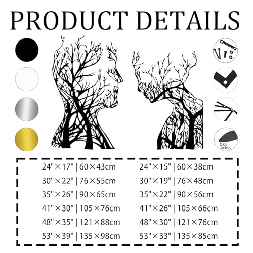 Abstract Face Metal Tree Wall Art, Decorative Branches, Tree Branch Art, Woman & Man Metal Wall Decor, Abstract Artwork, Modern Decorations, Living Room Decor (Silver, 30"x(22"+19") | 76x(55+48) cm) - color: Silver, size: 30L" x 22W"