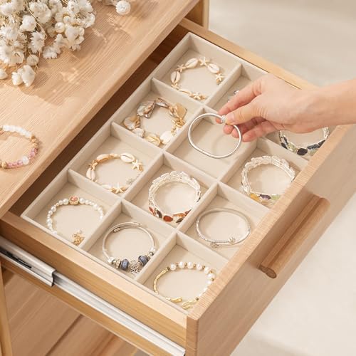 pickpiff Drawer Jewelry Organizer & Display Trays: 2pcs 12grid Velvet Stackable Jewelry Case (13.8x9.4x1.2inch) - Soft Beige Necklace Holder Bracelet Display Watch Box - size: 12 grids + 12 grids