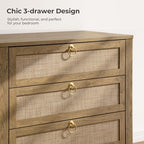 SICOTAS Night Stand with Drawers, Large Rattan Bedside Table with Golden Handle, 3 Drawers Nightstand Tall End Table Side Table Boho Nightstand for Bedroom - color: Carbon Cherry