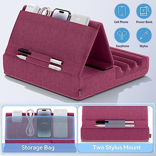 KDD Tablet Pillow Holder, Foldable iPad Stand for Lap, Bed and Desk -Tablet Soft Pad Dock with Pocket & Stylus Mount Compatible with iPad Pro 12.9, 10.5, 9.7 Air Mini 6 5 4 3, Galaxy Tab, E-Reader - color: Purple