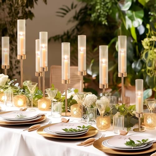 Gold Hurricane Candle Holders, Set of 6 Glass Taper Candlestick Holders Metal Candle Stands Bulk with Ribbed Glass Cover for Dining Tables Wedding Candelabra Centerpieces Decor - color: Gold