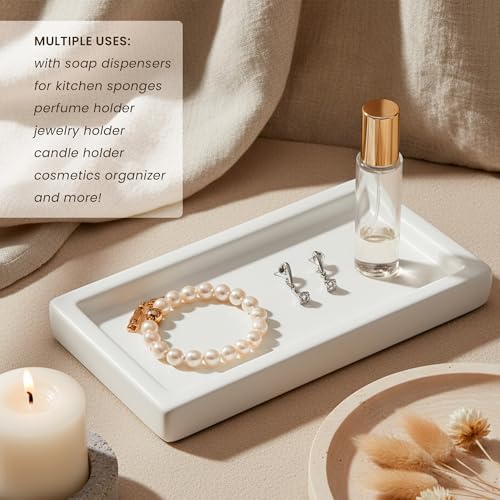 MaisoNovo White Bathroom Tray Countertop - 7.4x5.1 inch Handcrafted Ceramic Kitchen Tray for Soap Bottles, Perfume, Jewelry - Moisture Resistant - Rectangle Bathroom Dish with 4 Anti-Slip Pads - color: White Ceramic Tray