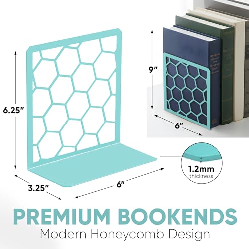 GEOMOD Geometric Honeycomb Turquoise Metal Bookends Decorative - Tall Sturdy Book Ends for Shelves - Modern Heavy Duty Bookend Stopper - Office Shelf Book Holder - 6x3.25x6.25 Inches - 1 Pair - color: Turquoise, size: 1 Pair, style: Honeycomb