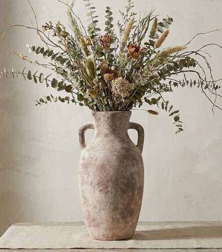 Ceramic Flower Vase with Handles,12" Neutral Tall Clay Terracotta Vases Farmhouse Table Vases with Handle Living Room Decor Rustic Pottery Pots for Home Shelf Coffee Dining Desk Fireplace - color: A-12"h-terracotta