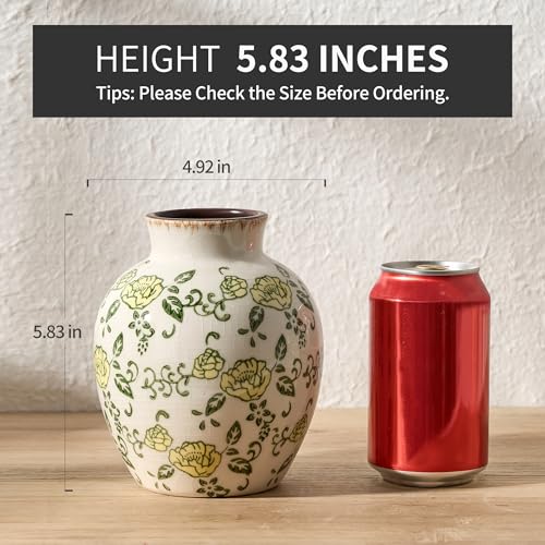 SIDUCAL Ceramic Vintage Vase, 5.83 Inch Yellow Rose Chinoiserie Floral Vase, Rustic Farmhouse Vases for Bouquet, Home Decor, Living Room, Bookshelf, Garden, Tuscan Decor - color: 18443-yellow Rose