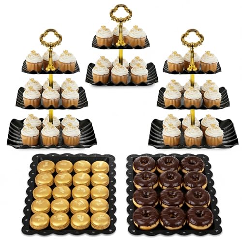 NWK 5 Piece Cake Stand Set with 2 x 3-Tier Cupcake Stands, 1 x2-Tier Cupcake Stands, 2 x Appetizer Trays, for Wedding Birthday Baby Shower Tea Party Decorations (Black) - color: Black