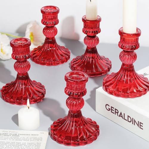 12PCS Red Candlestick Holders Set- 4" H Taper Candle Holders, Glass Candle Holders Bulk for Activities, Party, Home Table Centerpieces, Festival Gifts & Windowsill Decor - color: Red Striped Pattern