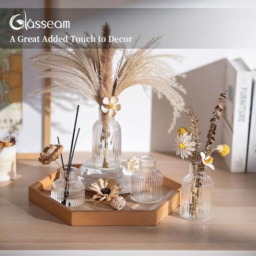 Glasseam Glass Bud Vases for Centerpieces: Modern Small Flower Vase Set of 4 for Home Decor - Clear Mini Table Centerpieces for Minimalist Living Room Shelf Kitchen Wedding Party Decorations - color: Clear- Narrow Ribbed