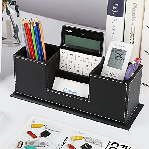 KINGFOM Office Supplies Desk Organizer PU Leather Storage Box 4 Divided Compartments for Pen Business Card Remote Control Mobile Phone Cosmetics Collection Holder (Black) - color: Black-L