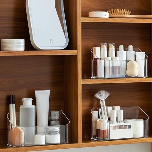 LINFIDITE Makeup Organizer Tray Bathroom Cabinet Cosmetic Storage with 9 Compartments 2 Removable Dividers Lipgloss Organizer Makeup Display Tray Case for Beauty Essentials Crystal Clear