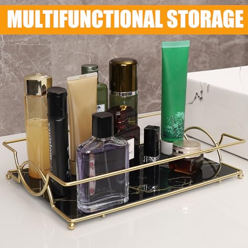 Vanity Tray Luxury Bathroom Counter Tray Glass Perfume Organizer Holder Cosmetics Makeup Skincare Display Decorative Vanity Trays for Bathroom Dresser Bedroom (Black Gold, L) - color: Black Gold-large