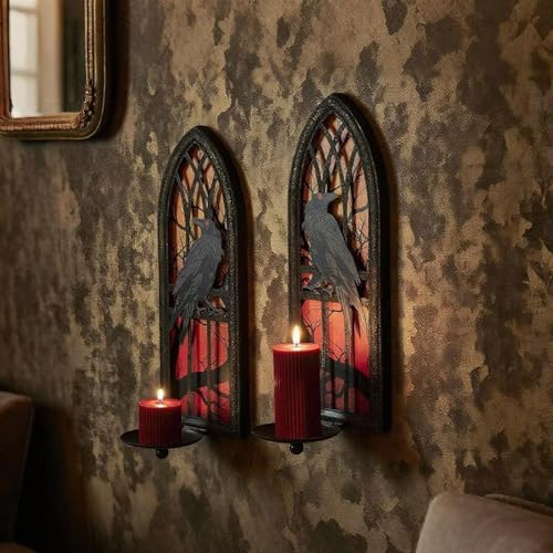 Gothic Wall Candle Sconces Set of 2, Wrought Iron Crow Wall Mounted Candelabra Holder with Removable Trays for Taper & Pillar Candles, Medieval Cathedral Window Design, Dark Academia Decor - color: Crow