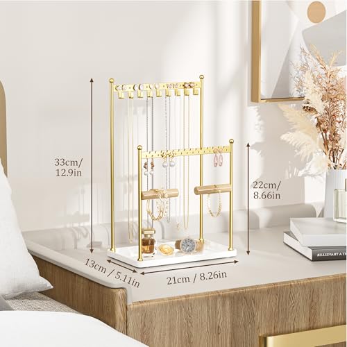 3 Tier Gold Jewelry Stand, Necklace Organizer, Earring Holder with 44 Holes and 9 Hooks, for Necklaces, Bracelets, Rings - color: Gold
