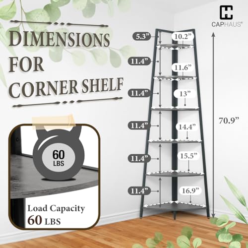 CAPHAUS Tall Corner Shelf Stand, 6-Tier Display Shelves, Ladder Corner Wood Storage Plant Bookshelf with Metal Frame, Versatile Shelving Unit Bookcase for Home Office Space, Dark Grey - color: Dark Grey, size: 6-Tier