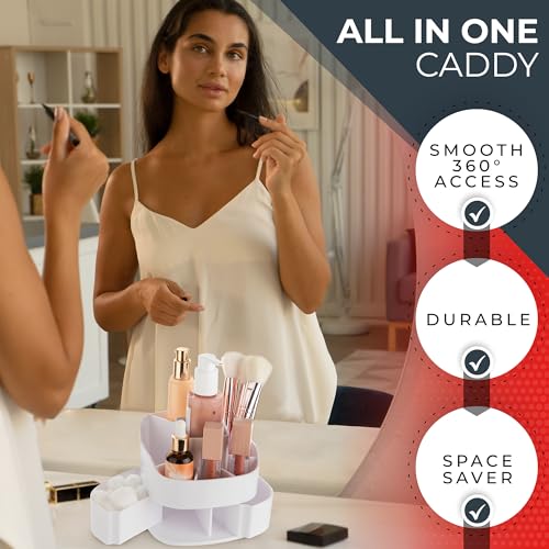Masirs 360° Rotating Makeup Organizer – Small Acrylic Cosmetic Storage Caddy, 5 Compartments, Mini Lazy Susan for Vanity, Bathroom, Skincare, Brushes & Lipsticks, Square White - color: Square White
