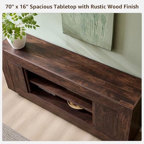 OKD Modern 70" TV Stand, Entertainment Center for TVs Up to 80", Media Console with Large Open Storage & Side Cabinets, Thick Wood Design for Living Room, Dark Walnut - color: Dark Walnut