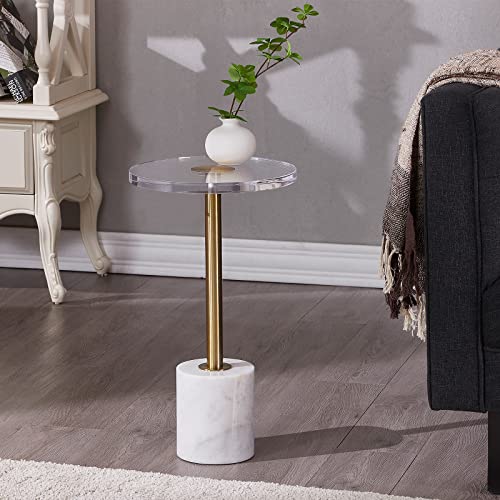 LIKENOW Furniture Acrylic Side Table,Clear Small Round End Table for Living Room,Bedroom,Office | Modern Nightstand with Marble Base,Gold Post,Clear Top for Drink,Food,Snack,Assembly(White) - color: Whtie