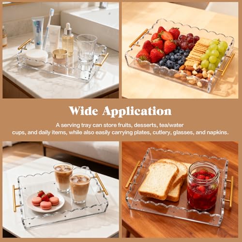 Acrylic Scalloped Tray 14'' X 11'' Acrylic Serving Tray with Magnetic Mat and Handles for Customizable Picture, Clear Acrylic Tray for Bathroom Kitchen Living Room Decor Vanity Perfume