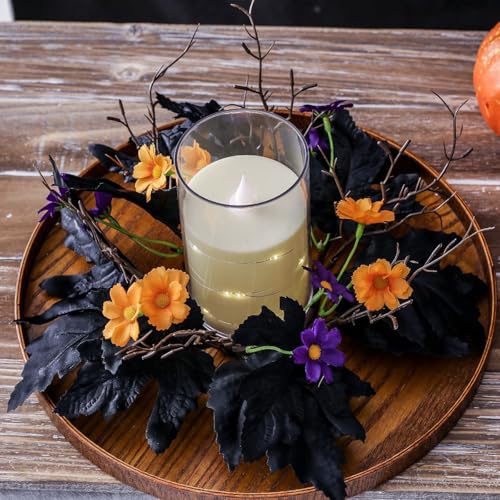 Halloween Candle Rings Wreath Fall Candle Rings Artificial Leaves Wreaths for Halloween Party Decorations 2 Pack Rose Skull Black Wreaths for Home Art Decor