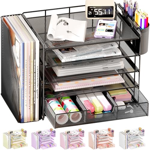 OPNICE Desk Organizer, 5-Tier Paper File Organizer with Drawer & Pen Holder, Office Desk Accessories, Workspace Desktop Organizer for Office Supplies(Black) - color: Black, size: 5-Tier